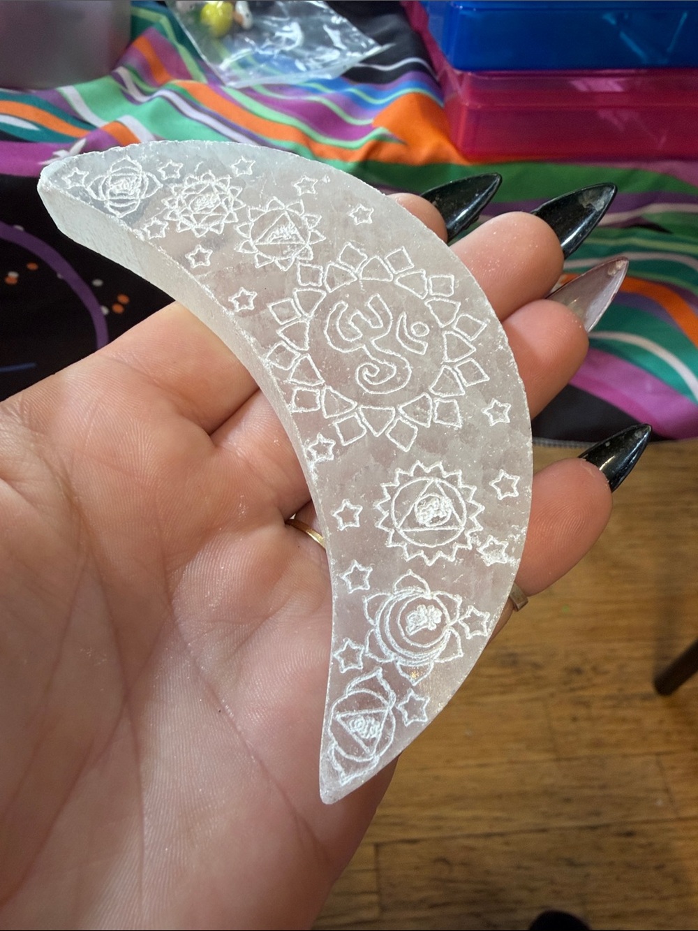 Hand Crafted Translucent White Crescent Palm Stone with Etched Mandala